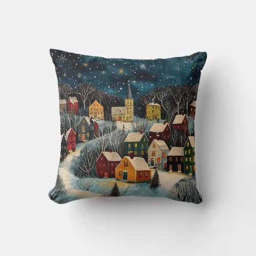 Winter Night Folk Art Oil Painting Poster Throw Pillow