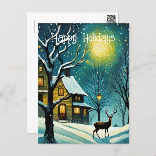 Winter Night Forest Full Moon Cabin Deer Christmas Holiday Postcard