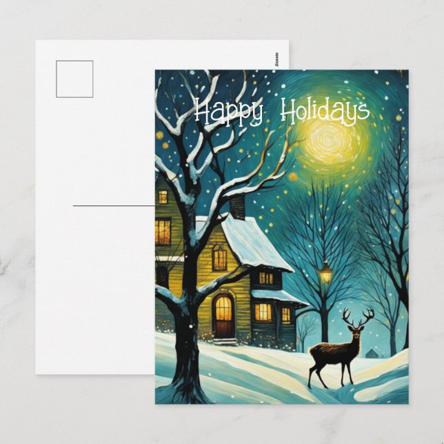 Winter Night Forest Full Moon Cabin Deer Christmas Holiday Postcard (Front/Back)