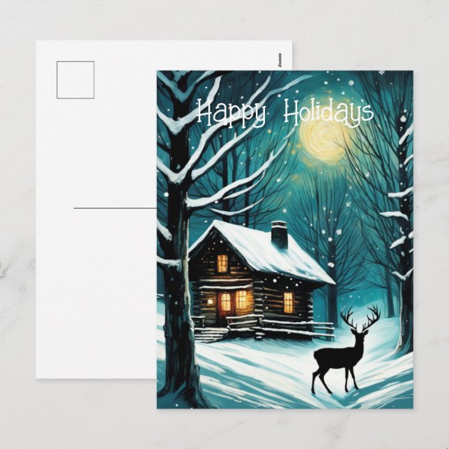 Winter Night Forest Log Cabin Deer Christmas Holiday Postcard (Front/Back)