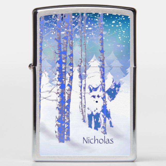 Winter Night Forest Snow Fox Animal Custom Name Zippo Lighter (Front)