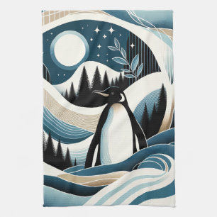 Winter Night In Blue Cream Penguin Forest Kitchen Towel