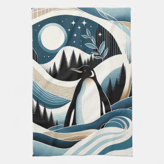 Winter Night In Blue Cream Penguin Forest Kitchen Towel