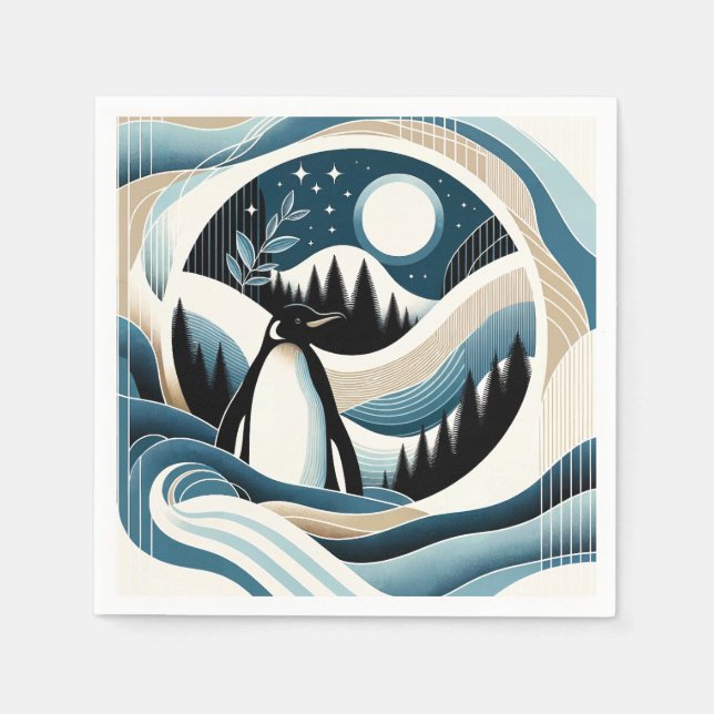 Winter Night In Blue Cream Penguin Forest Napkins (Front)