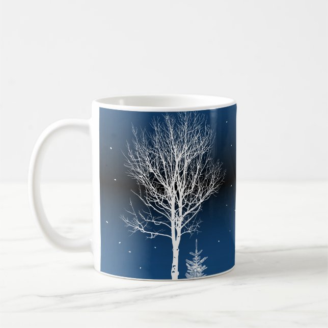 Winter night landscape, cozy house, moon. coffee mug (Left)