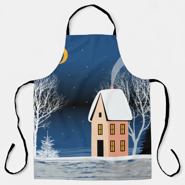 Winter night landscape. Cozy house, various trees, Apron (Front)