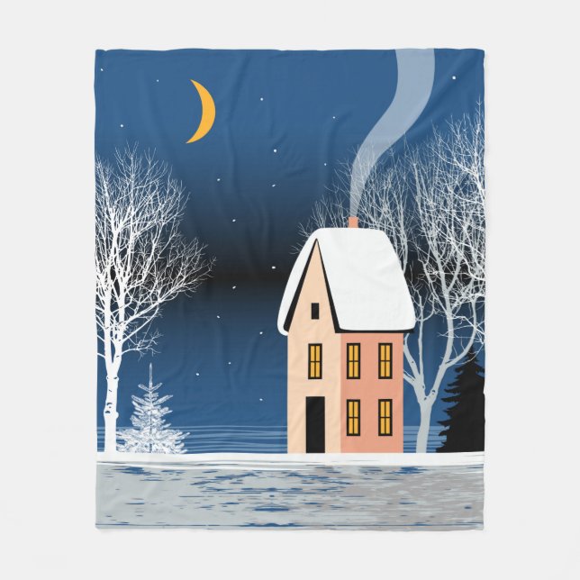 Winter night landscape. Cozy house, various trees, Fleece Blanket (Front)