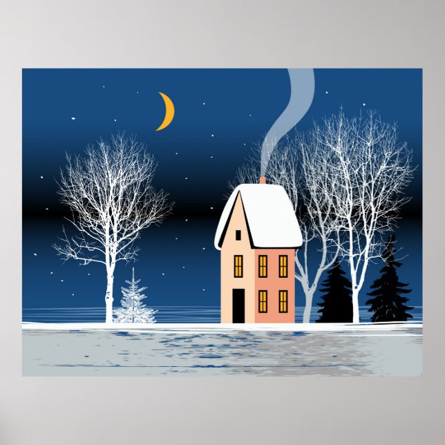 Winter night landscape. Cozy house, various trees, Poster (Front)