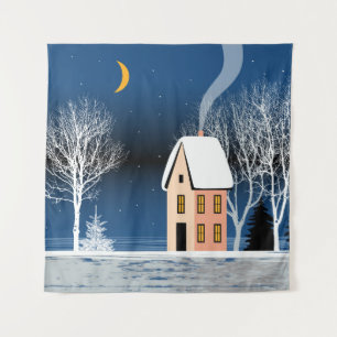 Winter night landscape. Cozy house, various trees, Tapestry