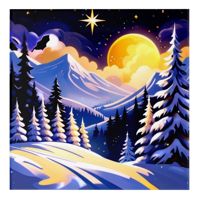 Winter Night Landscape With Snowy Mountains Acrylic Print (Front)