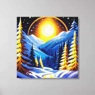 Winter Night Landscape With Snowy Mountains Canvas Print