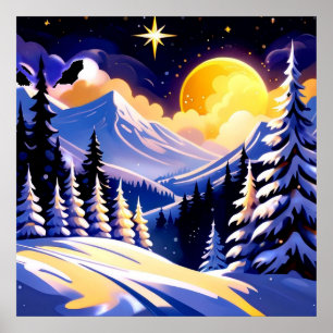 Winter Night Landscape With Snowy Mountains Poster