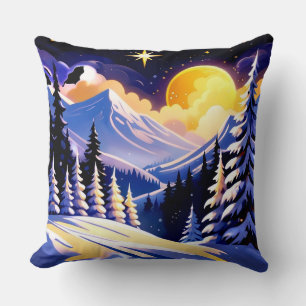 Winter Night Landscape With Snowy Mountains Throw Pillow