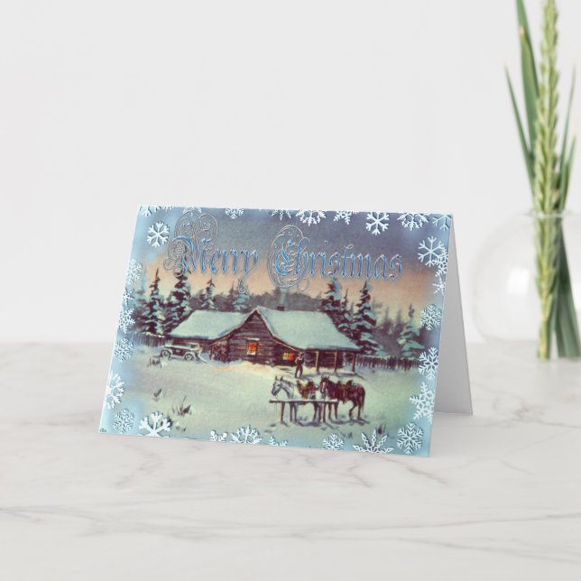 WINTER NIGHT LOG CABIN by SHARON SHARPE Holiday Card (Front)