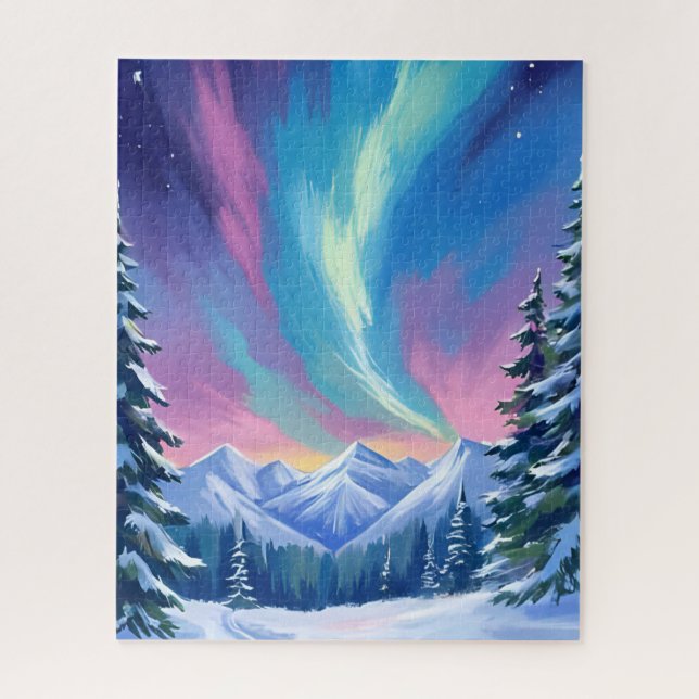 Winter Night Northern Lights Watercolor Mountain Jigsaw Puzzle (Vertical)