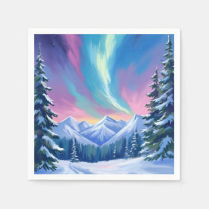 Winter Night Northern Lights Watercolor Mountain Napkins