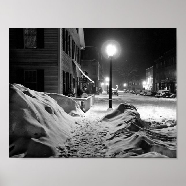 Winter Night Scene, Woodstock, Vermont Poster (Front)