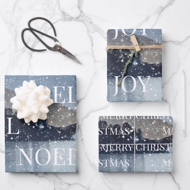 Winter Night Snow Christmas Wrapping Paper Sheets (Front)