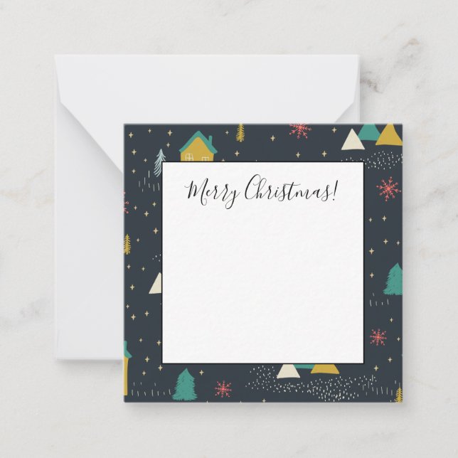 Winter Night Snowflakes Falling on Little Houses Note Card (Front)