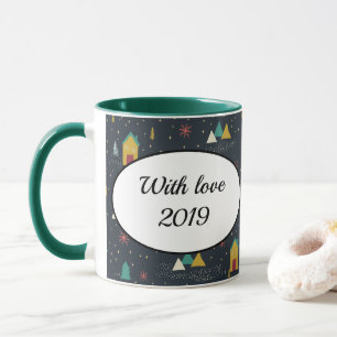 Winter Night Snowflakes Landing on Little Houses Mug