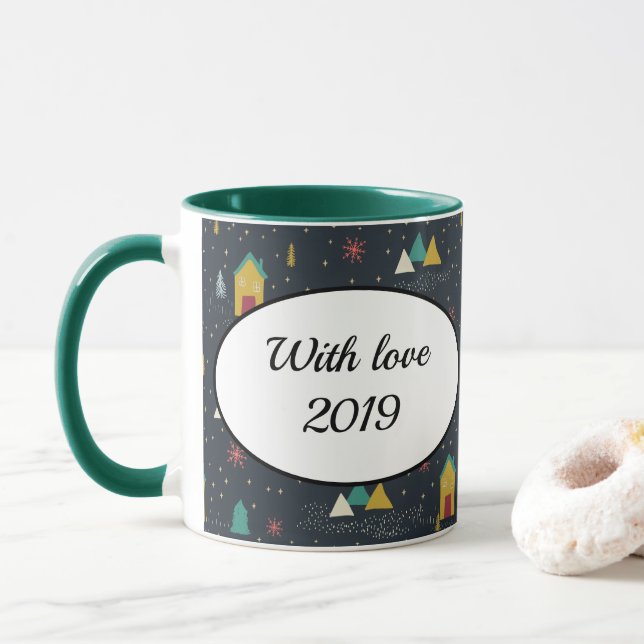 Winter Night Snowflakes Landing on Little Houses Mug (With Donut)