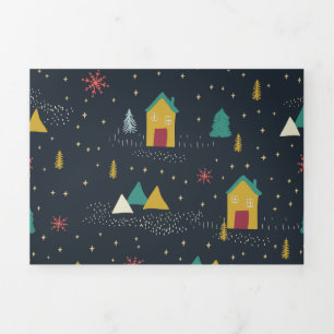 Winter Night Snowflakes Landing on Little Houses Tri-Fold Holiday Card