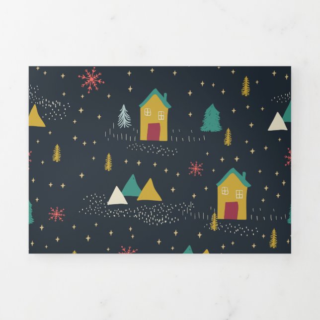 Winter Night Snowflakes Landing on Little Houses Tri-Fold Holiday Card (Cover)