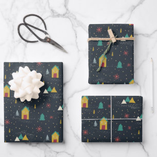 Winter Night Snowflakes Landing on Little Houses Wrapping Paper Sheets