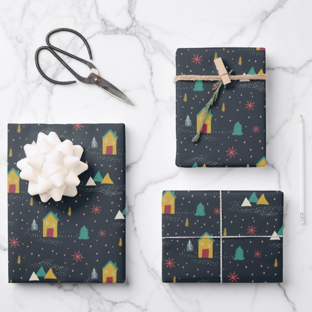 Winter Night Snowflakes Landing on Little Houses Wrapping Paper Sheets (Front)