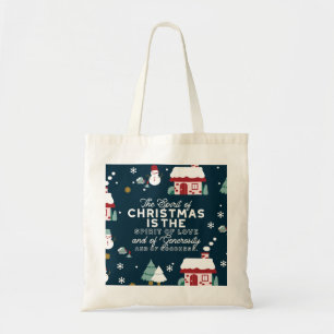 Winter Night Village Scene with Christmas Spirit Tote Bag