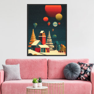 Winter Night Village with Floating Orbs – Modern D Canvas Print