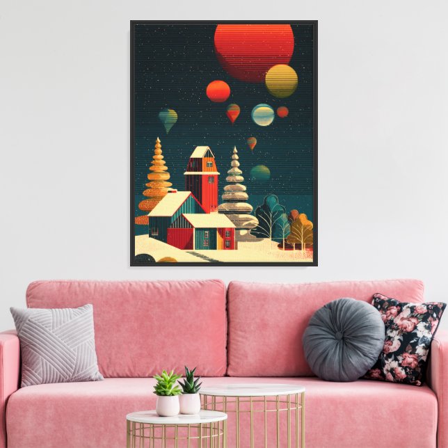 Winter Night Village with Floating Orbs – Modern D Canvas Print (Insitu(LivingRoom))