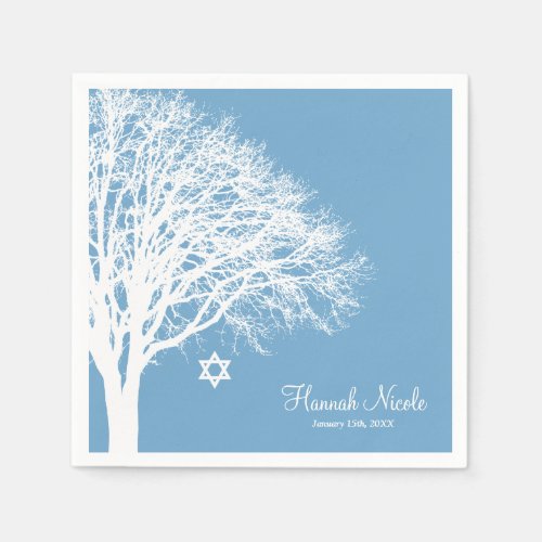 Winter Oak Tree Blue White Bat Mitzvah Custom Napkins