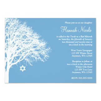 Winter Oak Tree Blue White Bat Mitzvah Invitations