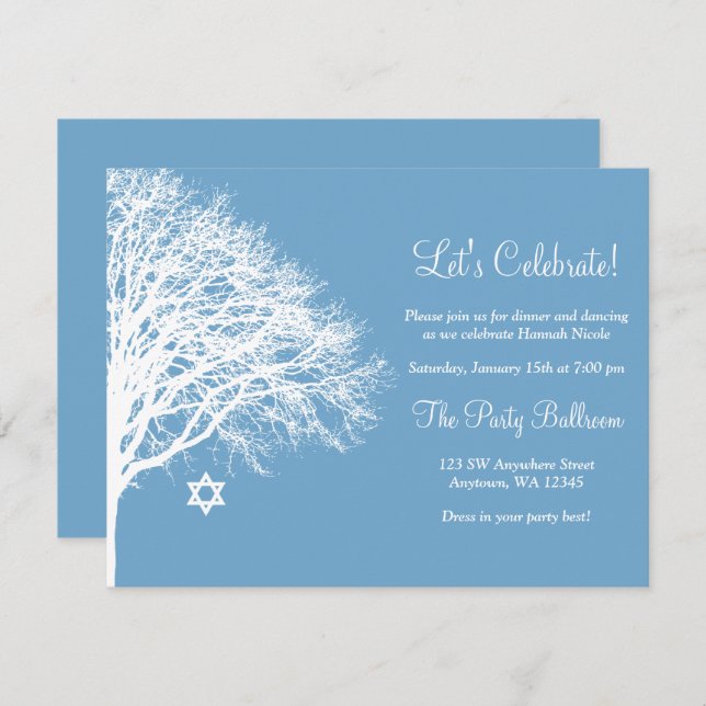 Winter Oak Tree Blue White Bat Mitzvah Reception Invitation (Front/Back)