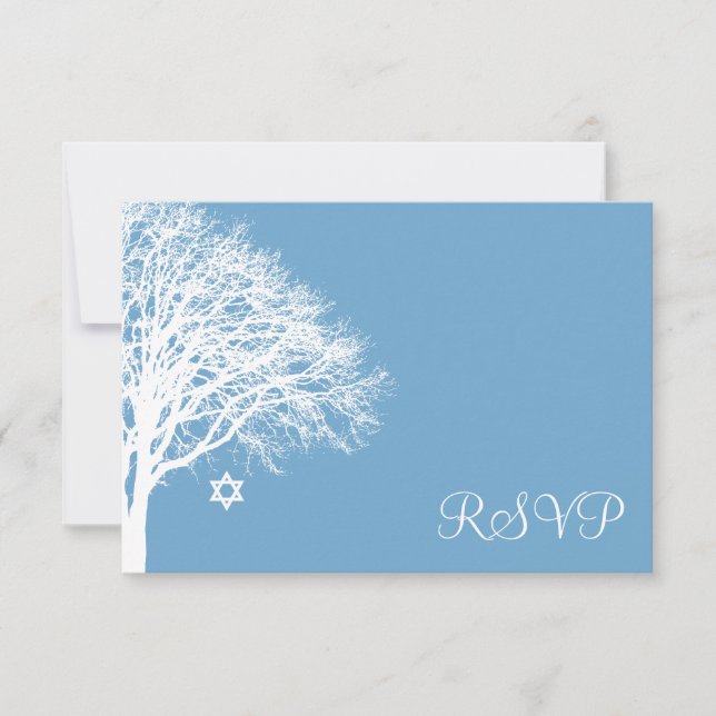 Winter Oak Tree Blue White Bat Mitzvah RSVP Card (Front)