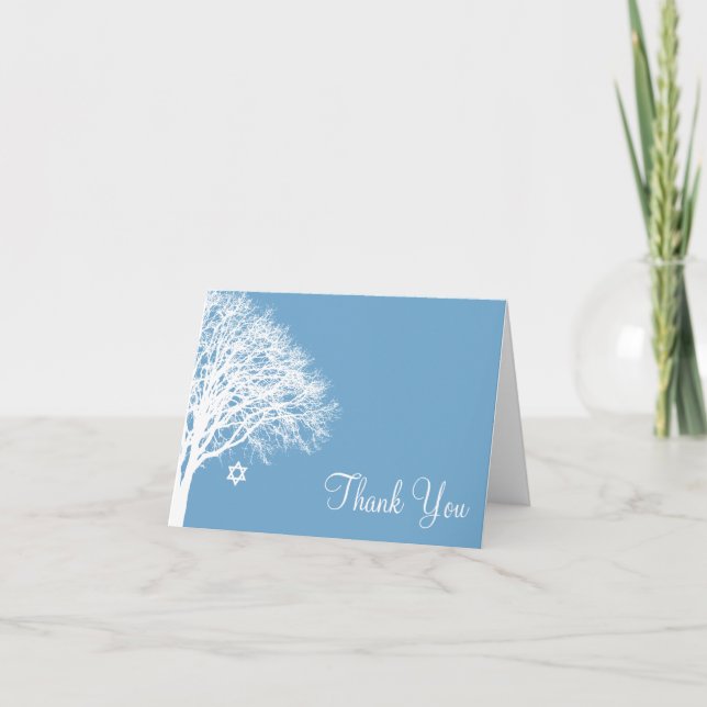 Winter Oak Tree Blue White Bat Mitzvah Thank You Card (Front)