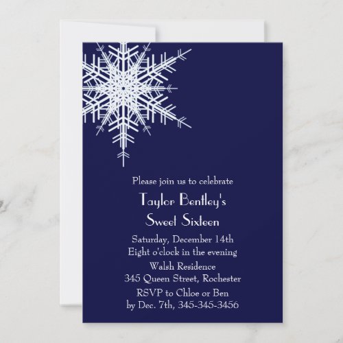 Winter Offset Snowflake 16th Birthday Invite blue