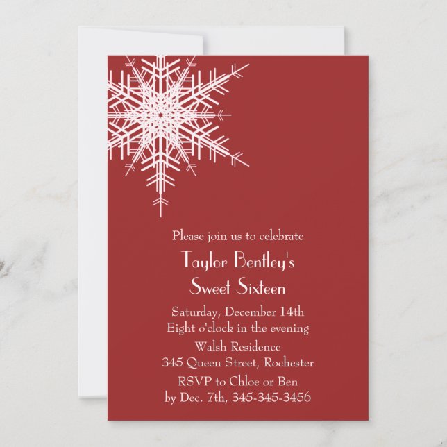 Winter Offset Snowflake 16th Birthday Invite red (Front)