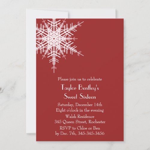 Winter Offset Snowflake 16th Birthday Invite red