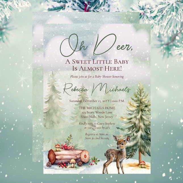 Winter Oh Deer A Sweet Little Baby Shower Invitation ("Oh Deer, A Sweet Little Baby Is Almost Here!" Gender Neutral Deer Fawn Winter-Themed Baby Shower)