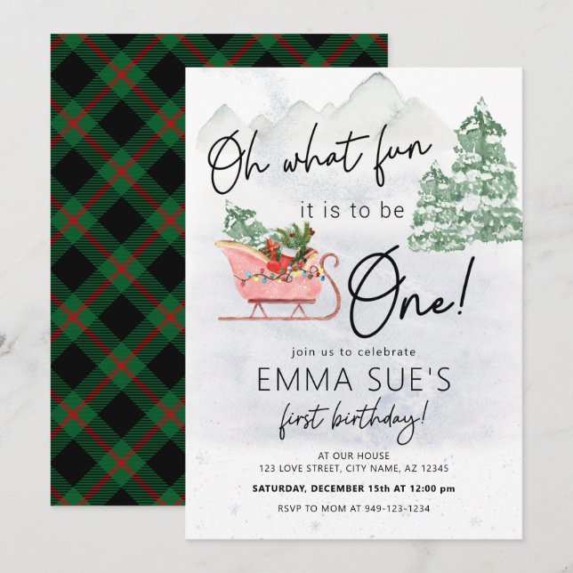 Winter Oh What fun Christmas Sleigh First Birthday Invitation (Front/Back)