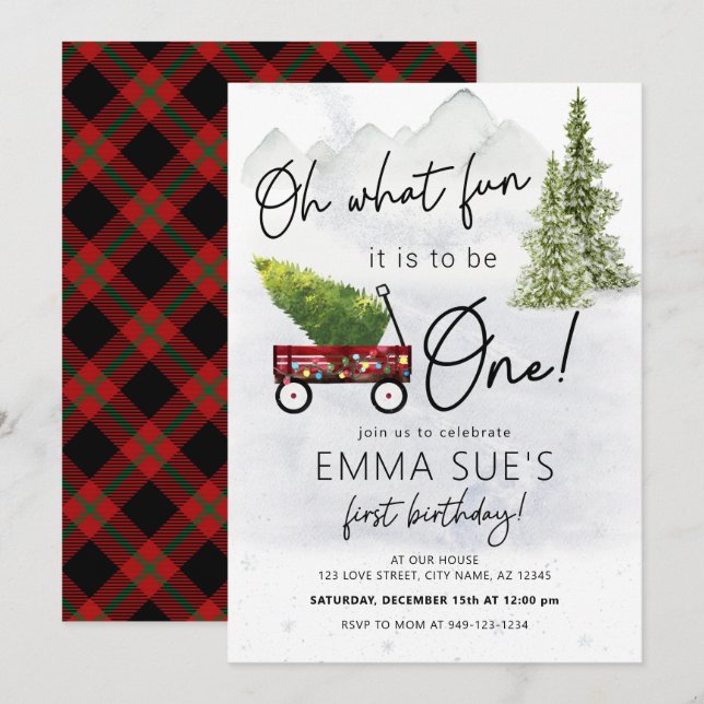 Winter Oh What fun Christmas Tree First Birthday I Invitation (Front/Back)