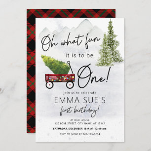 Winter Oh What fun Christmas Tree First Birthday I Invitation