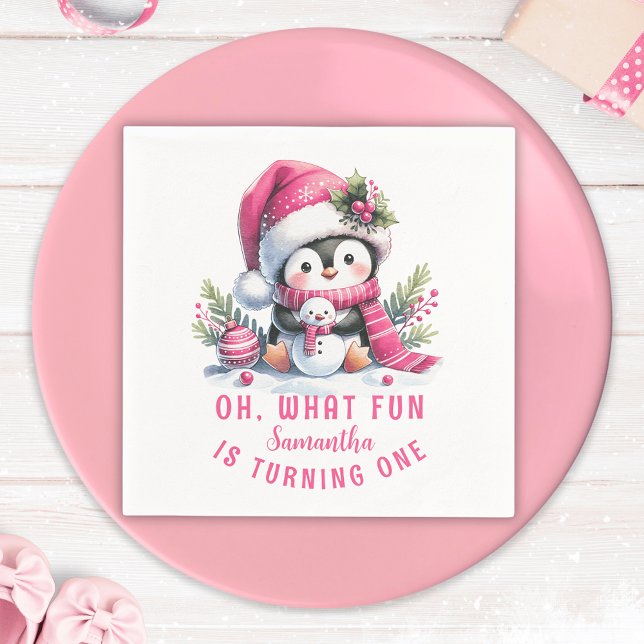 Winter Oh What Fun Penguin Pink Girl 1st Birthday Napkins (Creator Uploaded)