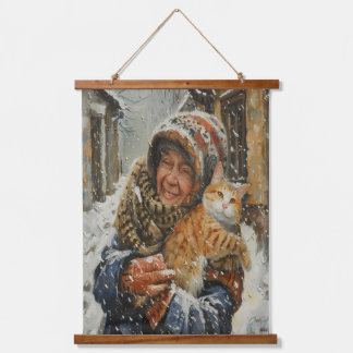 Winter Old Woman and Ginger Cat  Hanging Tapestry
