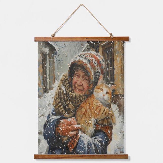Winter Old Woman and Ginger Cat  Hanging Tapestry (Front)