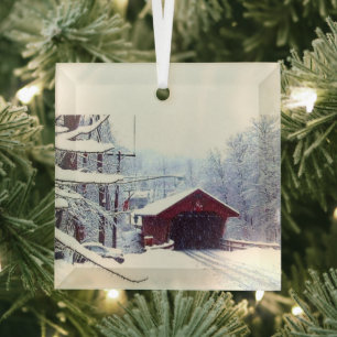 WINTER ON THE COVERED BRIDGE GLASS ORNAMENT
