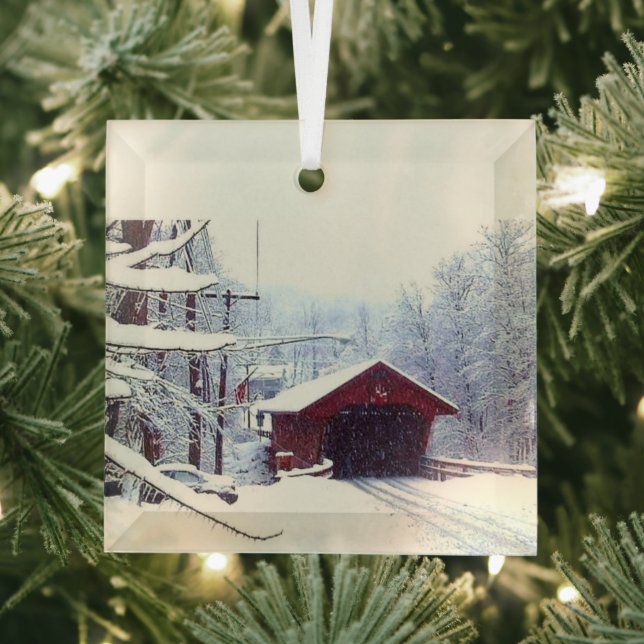 WINTER ON THE COVERED BRIDGE GLASS ORNAMENT (Insitu)