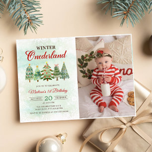 Winter Onderland Christmas Tree 1st Birthday Party Invitation